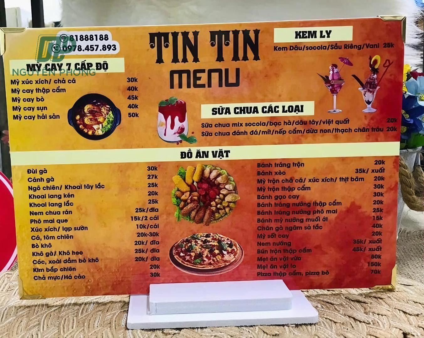 kích thước menu