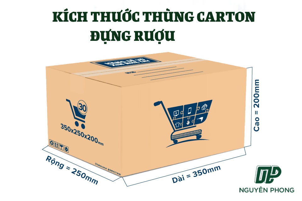 Kích thước thùng carton đựng rượu thường thay đổi tùy theo số lượng chai và thiết kế cụ thể